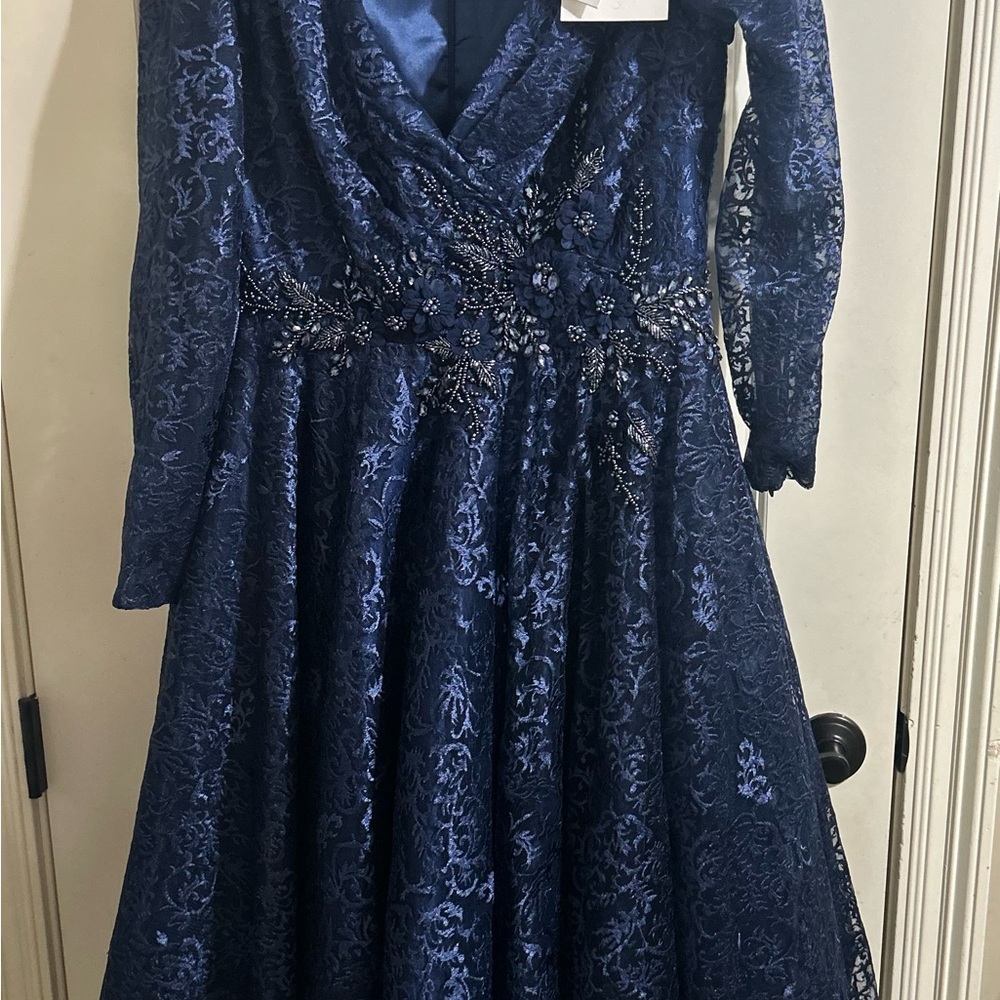 Mac Duggal Navy Lace Midi Dress with Beaded Waist